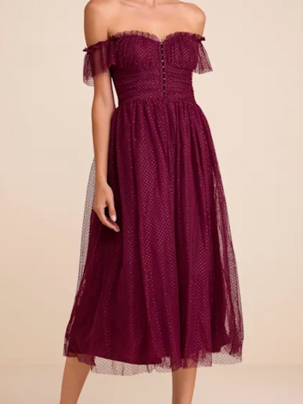 Lulu's Burgundy Off-Shoulder Tulle Midi Dress